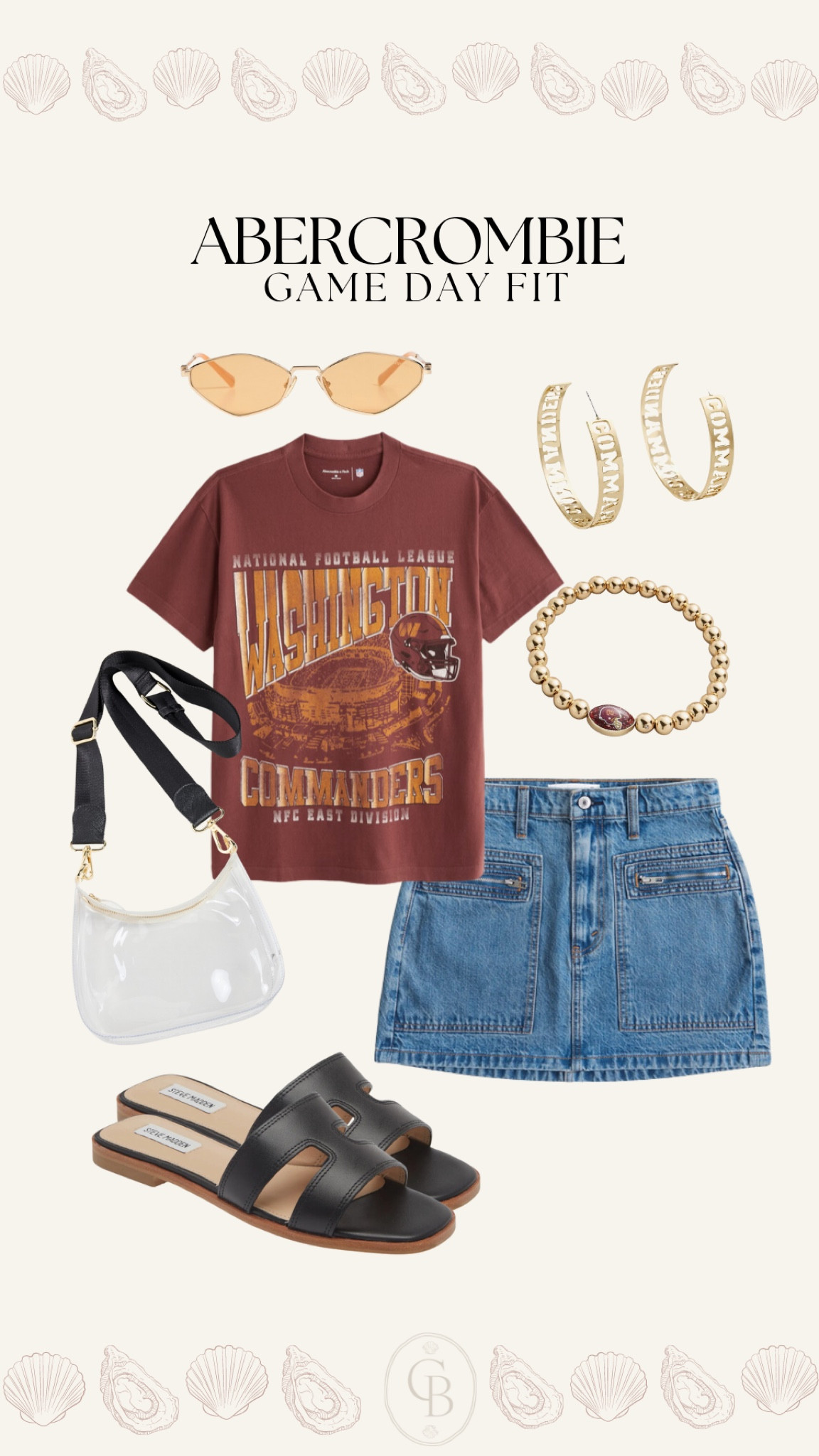 Need a cute game day outfit for the Washington commanders game? Love this tee from Abercrombie paired with a denim mini skirt and sandals. Accessorize with a clear stadium approved bag and commanders jewelry 

#LTKStyleTip #LTKFallSale