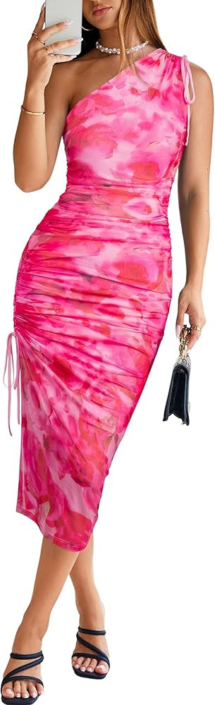 BerryGo Women One Shoulder Bodycon Mesh Ruched Long Dress Summer Sexy Slit Floral Print Wedding G... | Amazon (US)