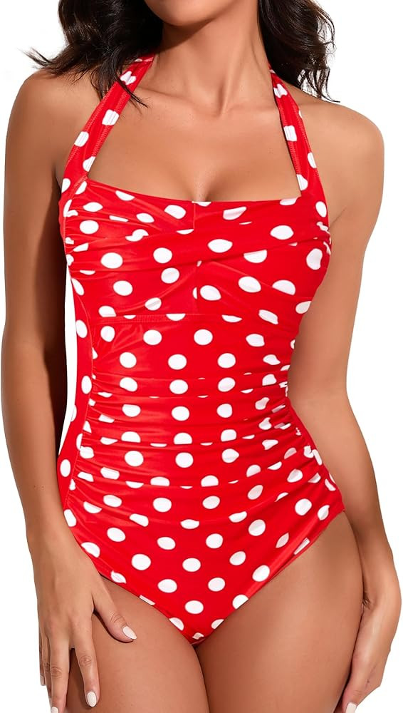 Smismivo Tummy Control Swimwear Halter One Piece Slimming Vintage Retro Swimsuit Womens Ruched Pu... | Amazon (US)