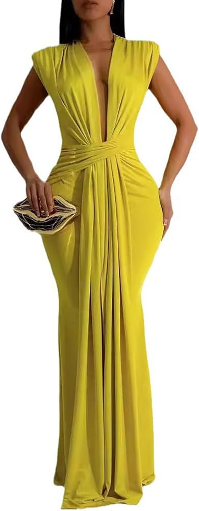 Yuopeid Women's Sexy Sleeveless Deep V Neck Fashion Ruched Bodycon Floor Length Formal Evening Pa... | Amazon (US)