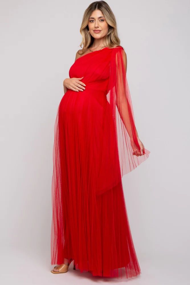 Red One Shoulder Pleated Mesh Maternity Gown | PinkBlush Maternity