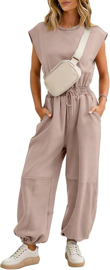 Flygo Womens Casual Jumpsuit Crewneck Cap Sleeve Long Wide Leg Pants One Piece Outfits Drawstring... | Amazon (US)