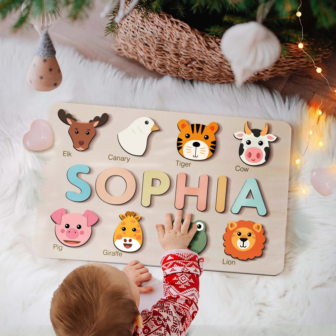 Animals Puzzle Customizable Name Puzzle for Baby, 1st Birthday Gifts for Baby Girl and Boy, Monte... | Etsy (US)