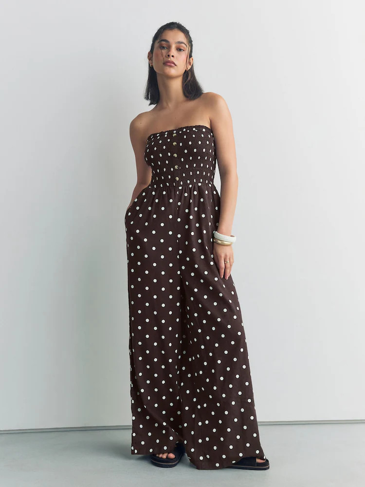Chocolate Brown Polka Dot Linen Blend Bandeau Jumpsuit With Detachable Straps | Next EU