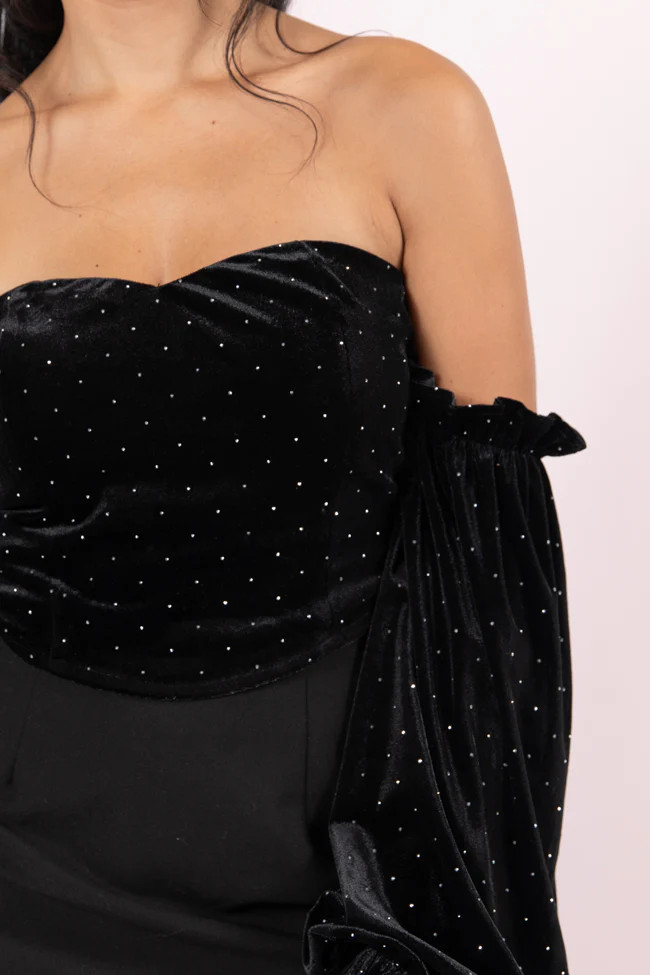 Brightest Star Black Off The Shoulder Rhinestone Studded Velvet Top FINAL SALE | Pink Lily