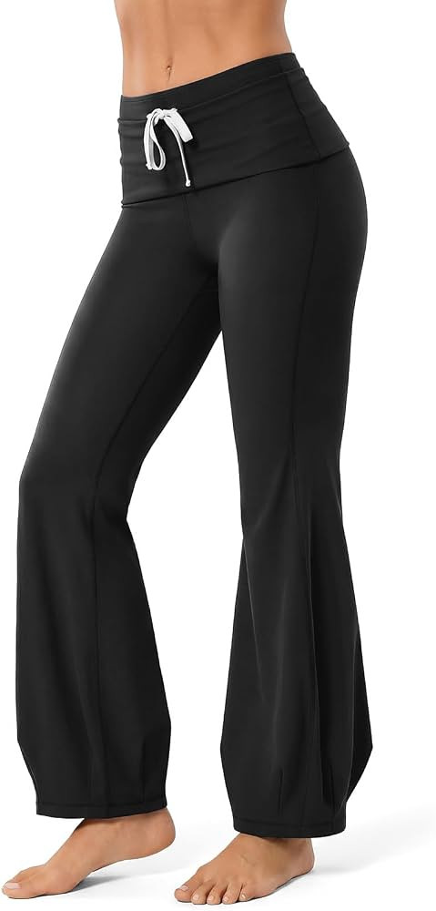 Women's Fold-Over Flare Yoga Pants - High Waist Drawstring Tummy Control Leggings for Pilates, Gy... | Amazon (US)