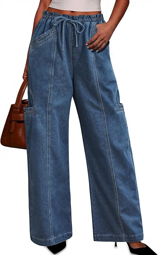 POLIRO Wide Leg Jeans Woman Pull On Ruffle Elastic Waist Drawstring High Waisted Y2K Baggy Denim ... | Amazon (US)