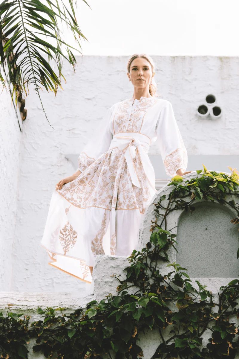 Jewel Neck Sue Sartor Flounce™️ | Ecru/White Embroidered Sultan Floral | SUE SARTOR