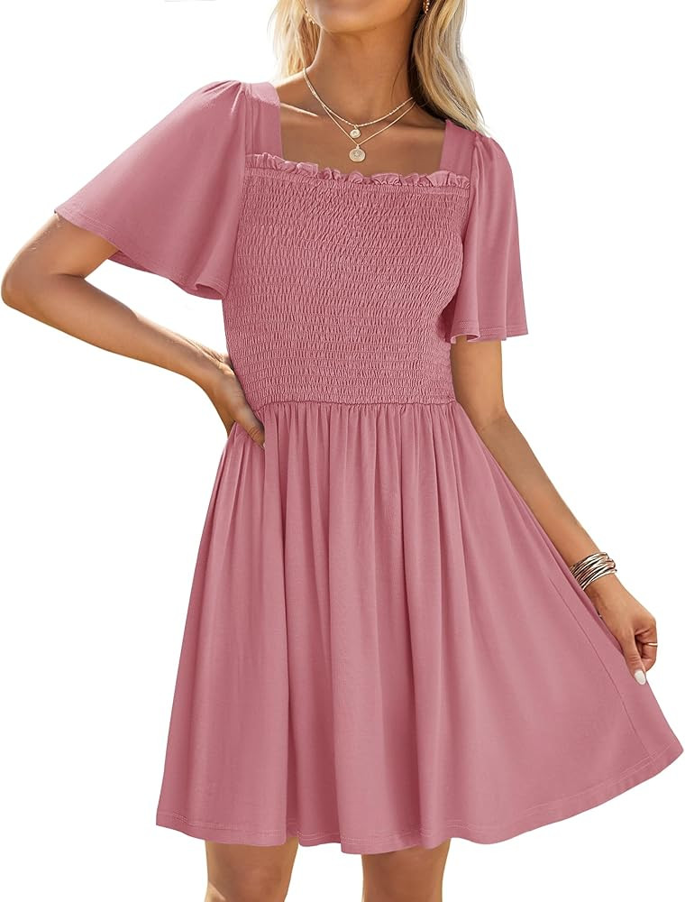 ZESICA Women's 2025 Summer Casual Mini Dress Flutter Short Sleeve Square Neck Smocked Tiered Ruff... | Amazon (US)