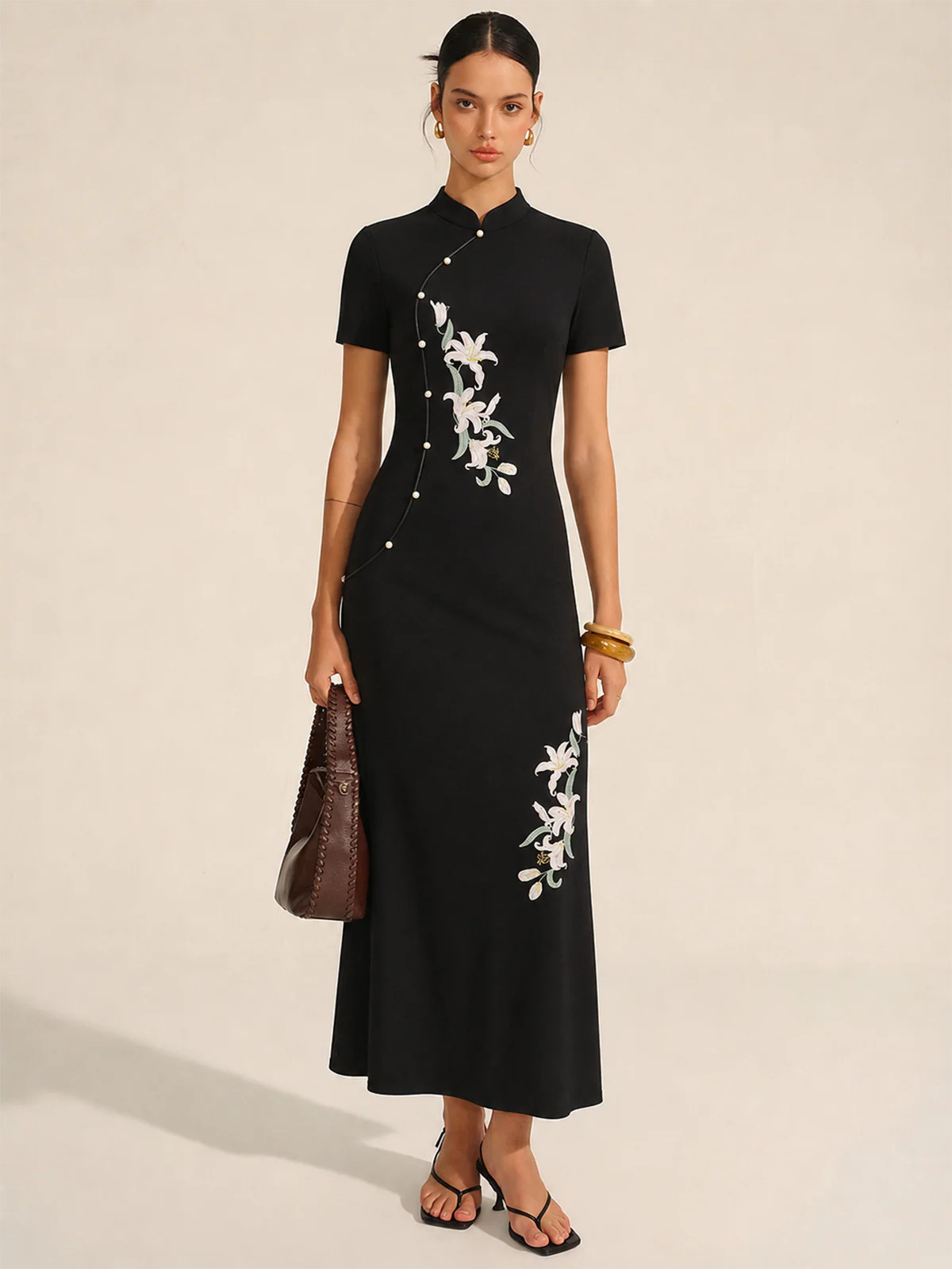 Floral Embroidered Cheongsam Maxi Dress | Commense