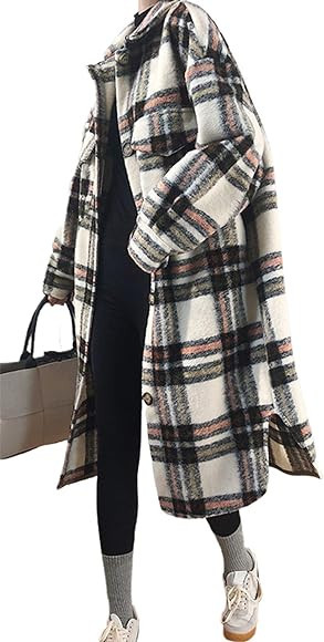CHARTOU Women's Lightweight Spread Collar Wool Blend Plaid Midi Long Shacket Trench Coat | Amazon (US)