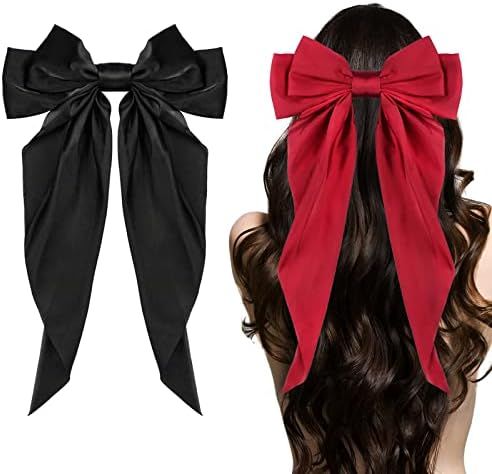 Big Bow Hair Clips 2pcs, Long Tail French hair Bows for Women Girl, Satin Silky Bow Hair Barrette,Bl | Amazon (US)