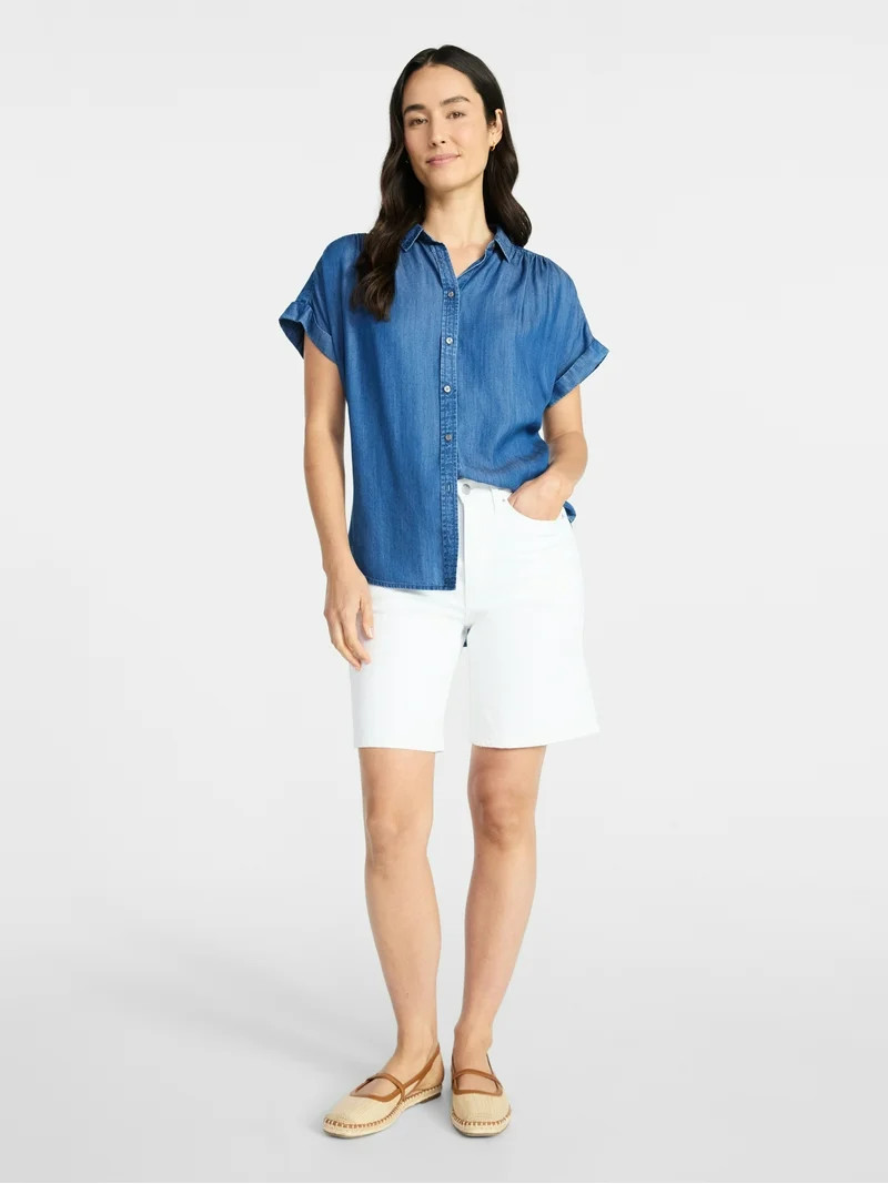 Time and Tru Women's Chambray Camp Shirt with Short Sleeves, Sizes XS-XXXL | Walmart (US)