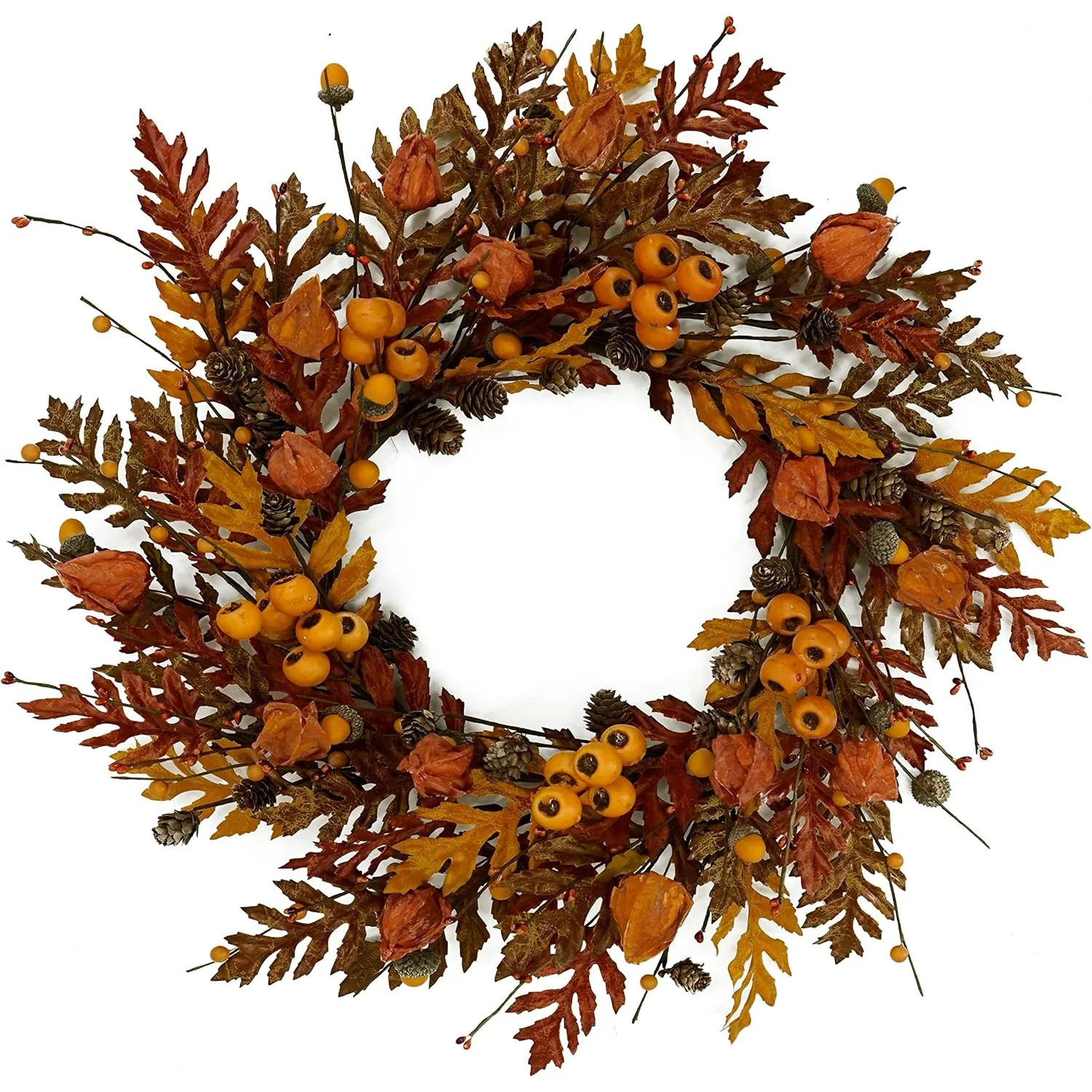 Sggvecsy 20 inch Fall Wreath Autumn Oak Leaves Wreath with Cape Gooseberry Oak Leaf Acorn Berry Pine Cone for Front Door Farmhouse Indoor Outdoor | Lowe's