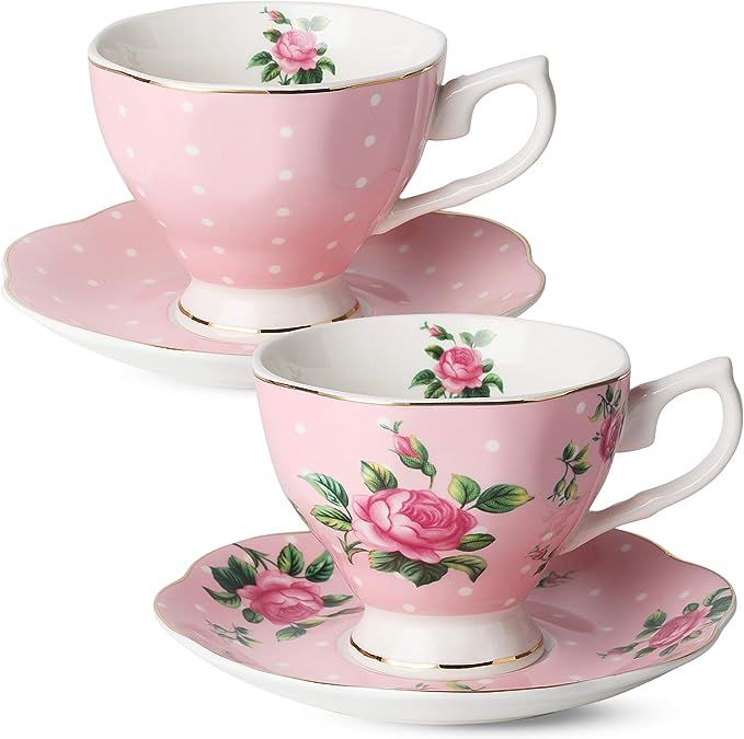 BTaT- Floral Tea Cups and Saucers, Set of 2, 8oz, with Gold Trim and Gift Box, Coffee Cups, Flora... | Amazon (US)