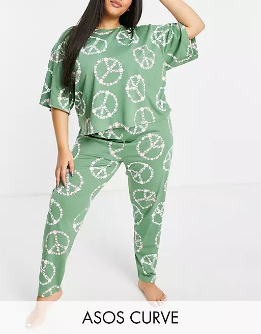 ASOS DESIGN Curve exclusive floral peace cropped tee & sweatpants pajama set in green | ASOS (Global)