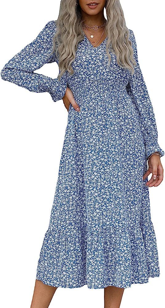 PRETTYGARDEN Women's Casual Long Sleeve Midi Fall Dress Boho Pleated V Neck Ruffled Vintage Floral P | Amazon (US)