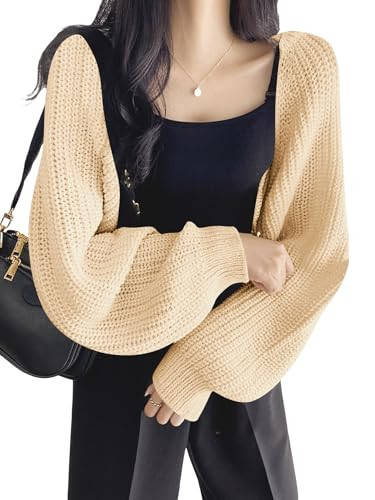 RoseSeek Women's Long Sleeve Open Front Drop Shoulder Cropped Cardigan Sweater Knit Bolero Shrugs for Dresses Apricot L | Amazon (US)