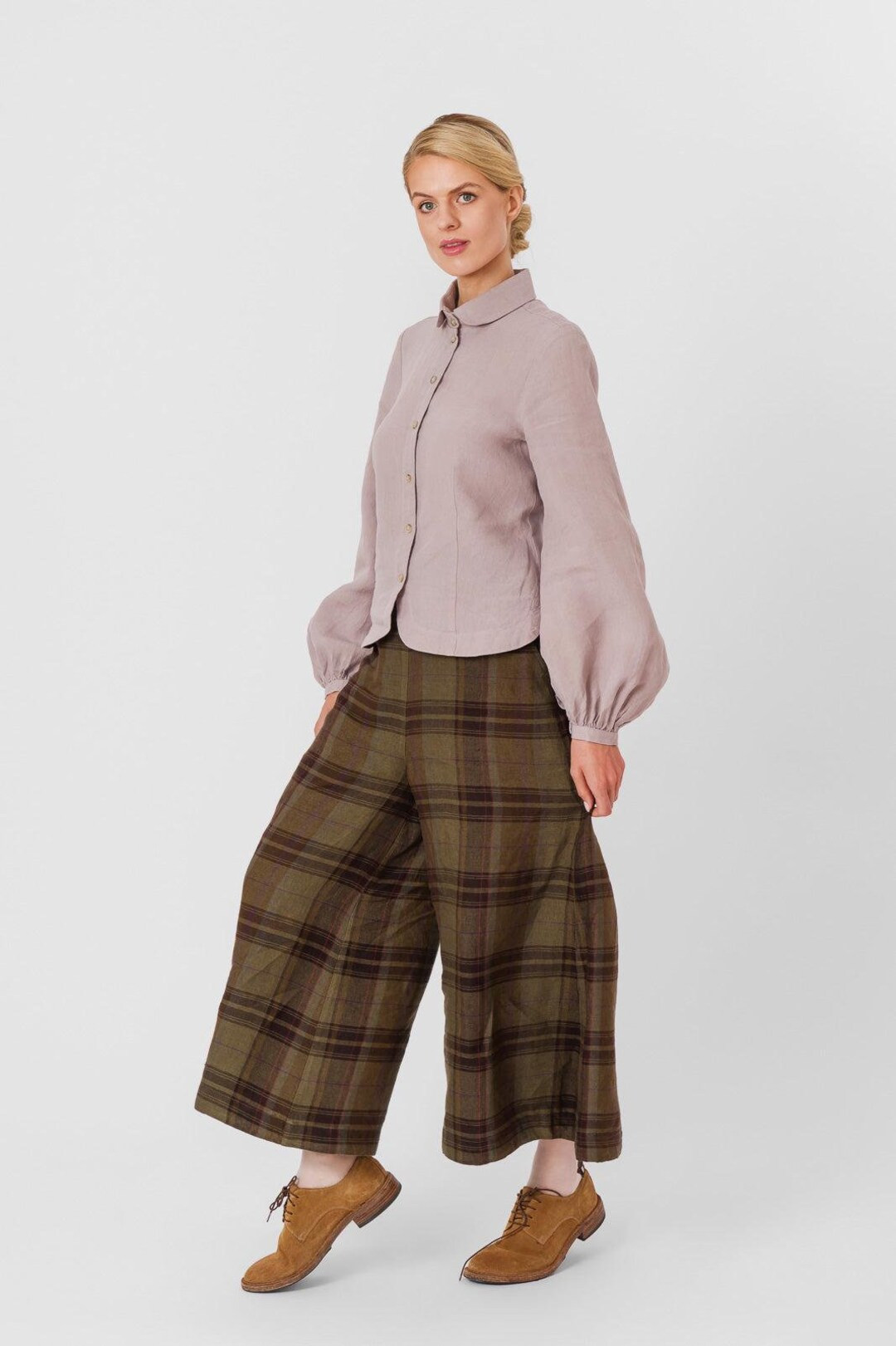 OAK TARTAN TROUSERS | Midi Wide Leg Pants, Twill Linen Palazzo Pants, Fall Style Clothing, Oversi... | Etsy (US)