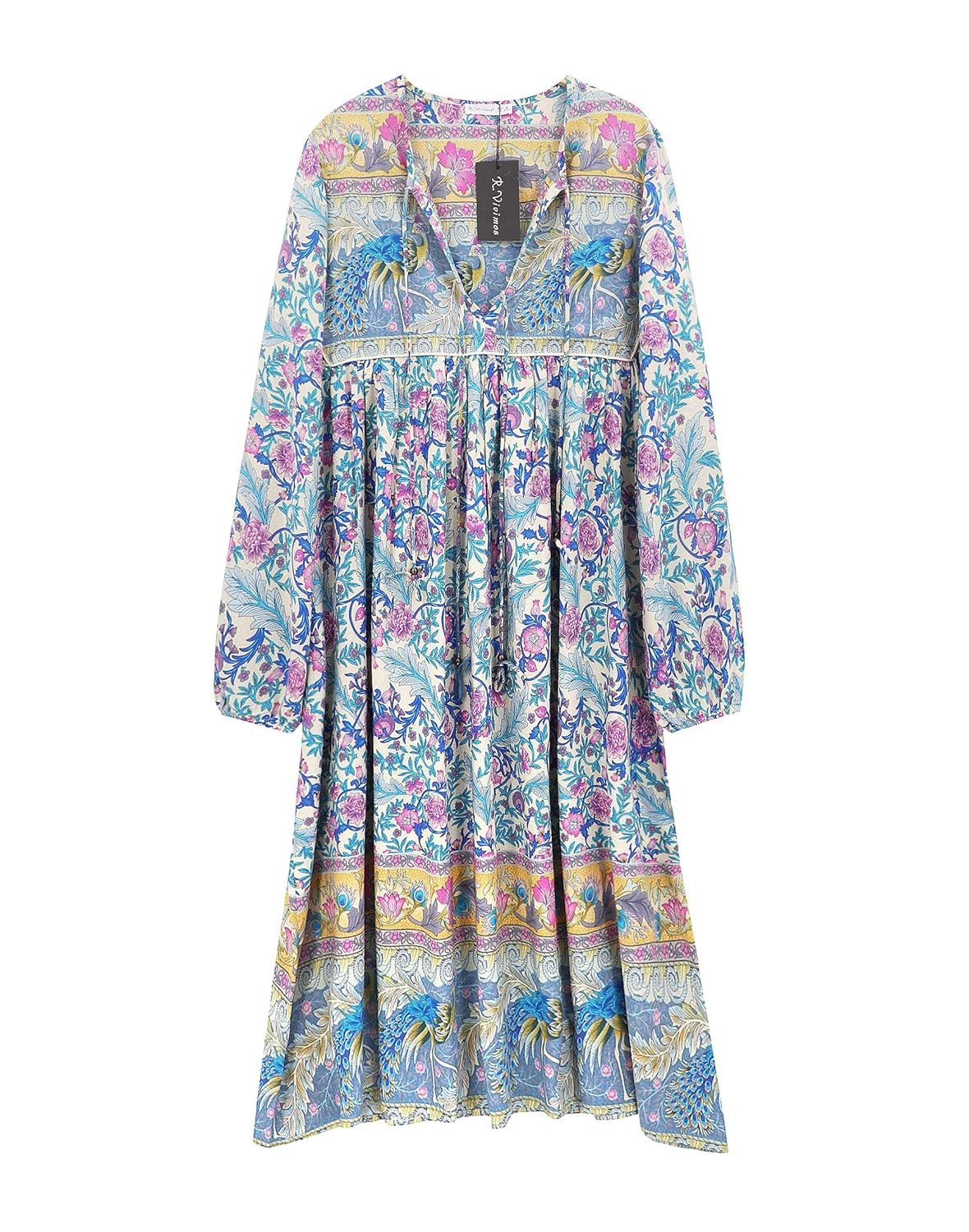 R.Vivimos Women's Long Sleeve Floral Print Retro V Neck Tassel Bohemian Midi Dresses | Amazon (US)