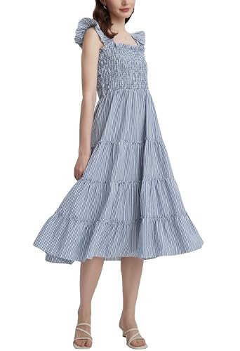 Ladyful Womens Summer Striped Midi Dress Square Neck Flowy Smocked Dress Casual Flutter Sleeve A-line Sundress Navy Blue | Amazon (US)