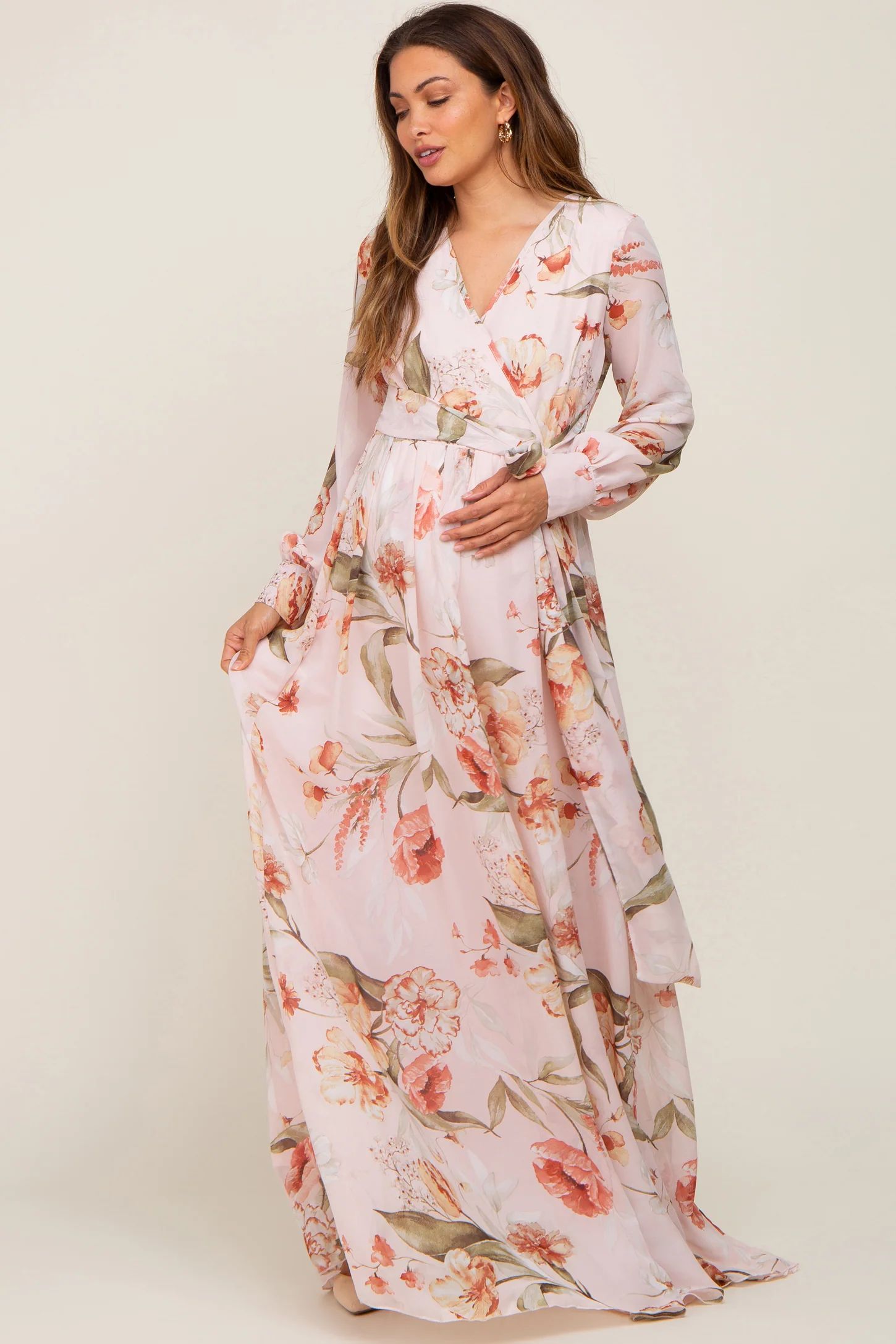 Light Pink Floral Chiffon Long Sleeve Maternity Maxi Dress | PinkBlush Maternity