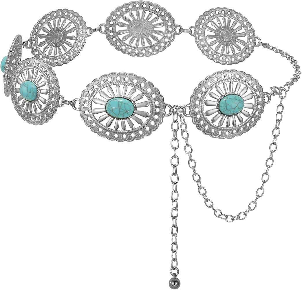 XZQTIVE Western Concho Chain Belts for Women Cowgirl Silver/Gold Metal Waist Belt for Dresses Jea... | Amazon (US)
