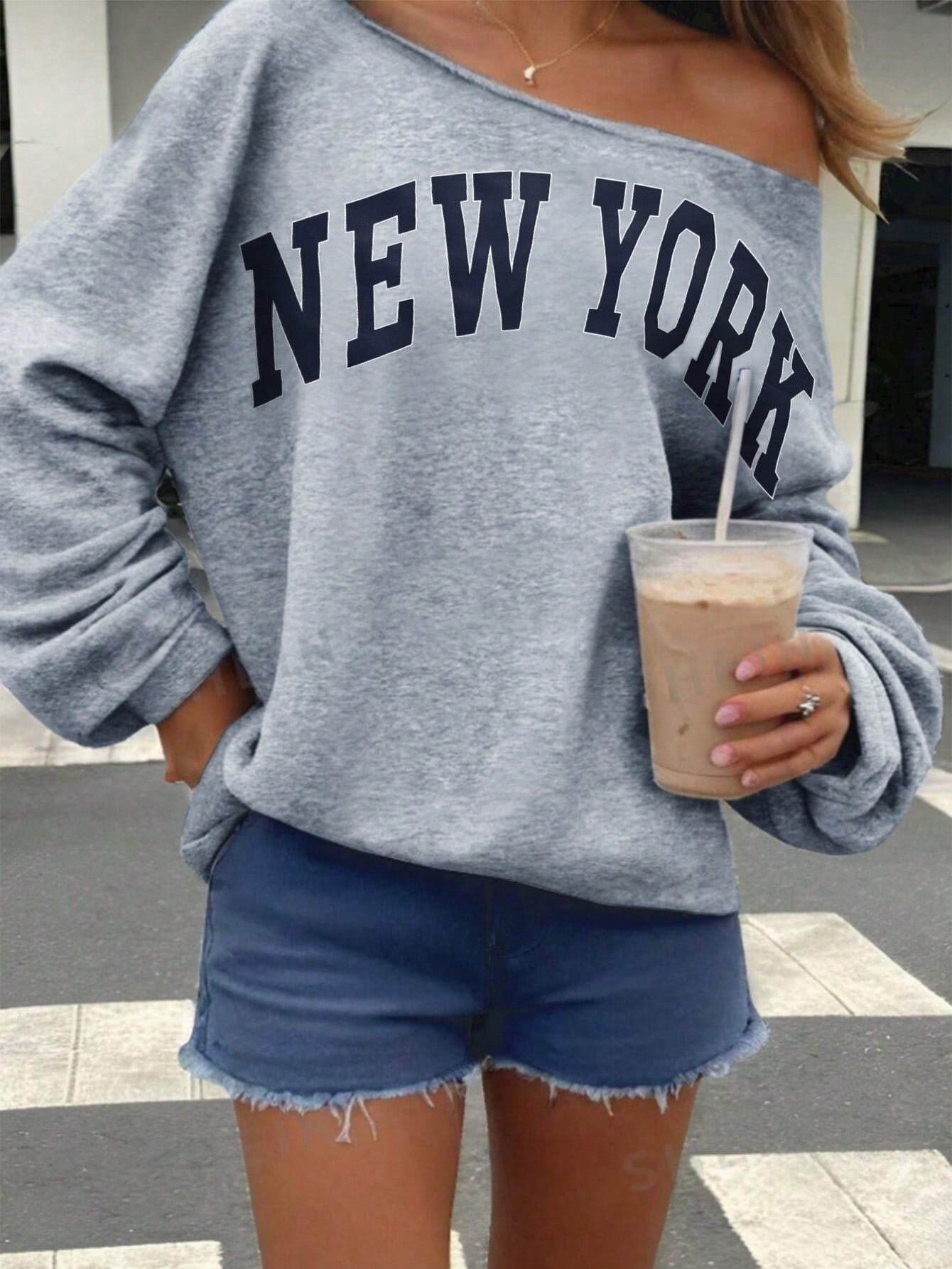 SHEIN EZwear Women's Simple Print Open Shoulder Long Sleeve Sweatshirt | SHEIN