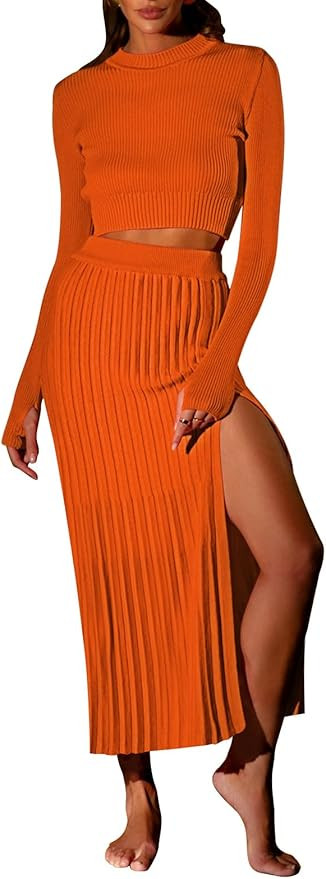 Pink Queen Women's 2 Piece Sweater Outfits Set Crop Top Long Sleeve Split Bodycon Pleated Midi Lo... | Amazon (US)