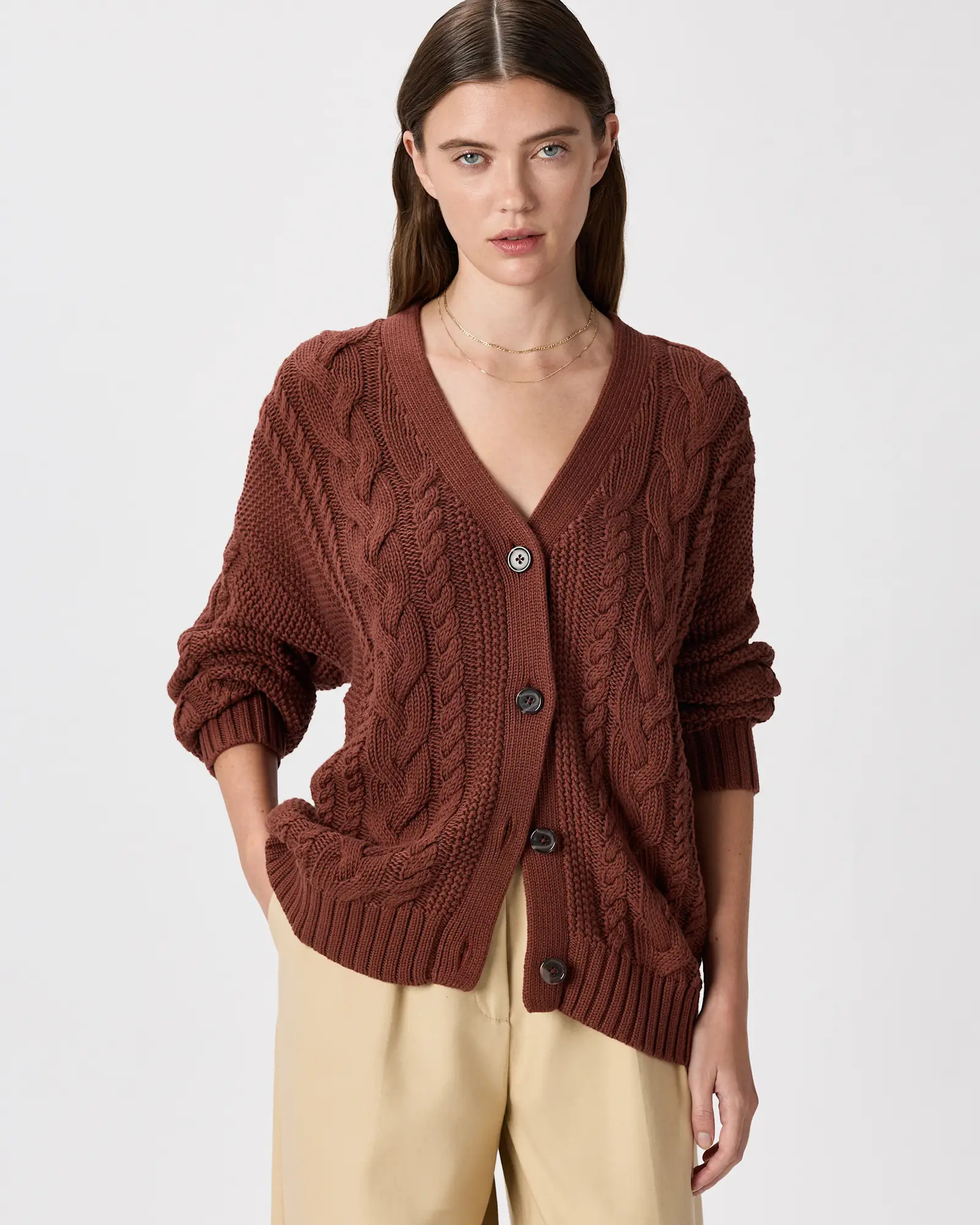100% Organic Cotton Oversized Cable Cardigan  in Redwood Brown | Quince