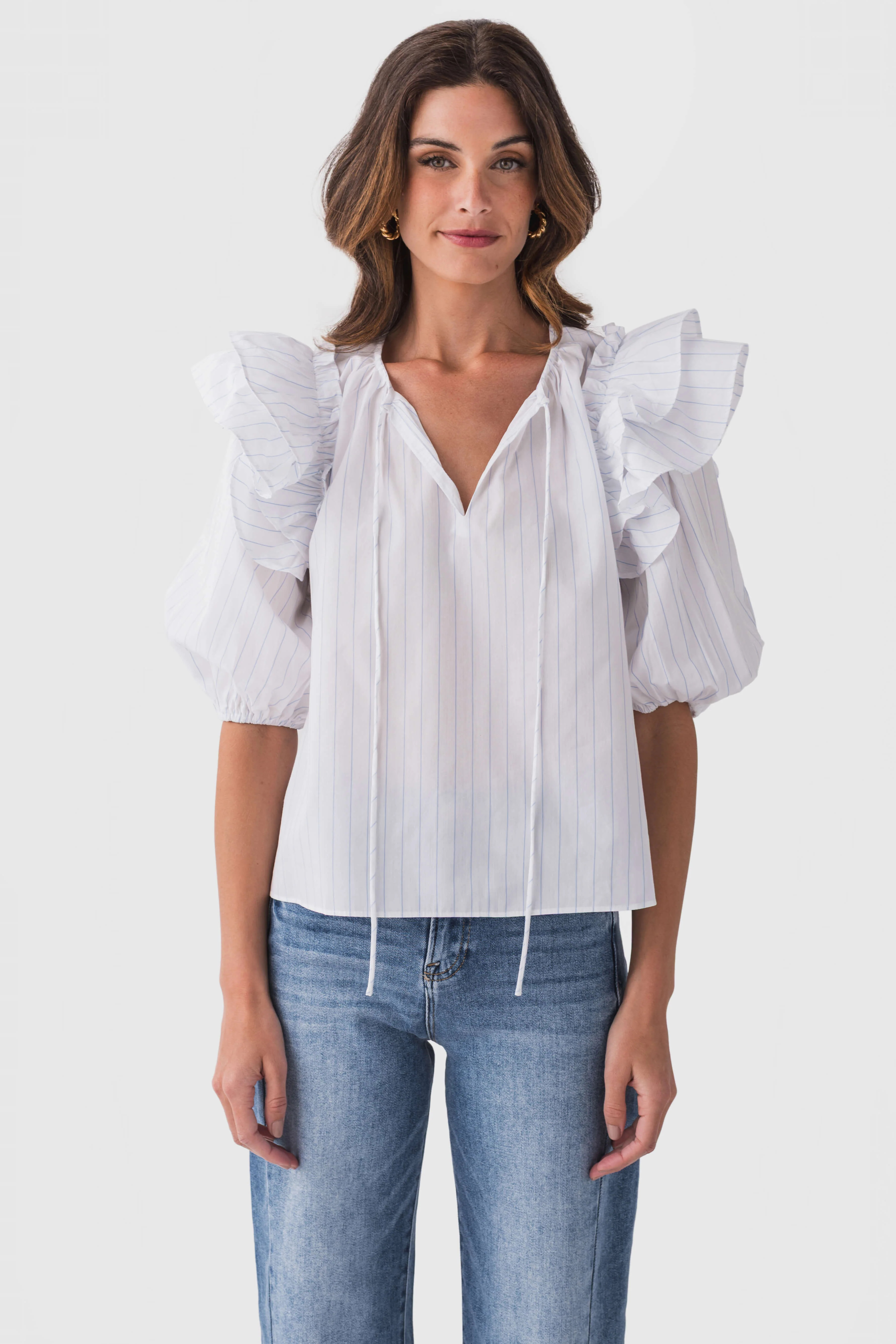 Mable Stripe Ruffle Shoulder Puff Sleeve Blouse | Social Threads