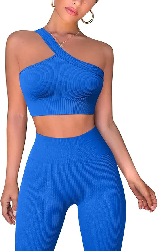 OQQ Workout Outfits for Women 2 Piece Ribbed Exercise One Shoulder Tops High Waist Leggings Activ... | Amazon (US)