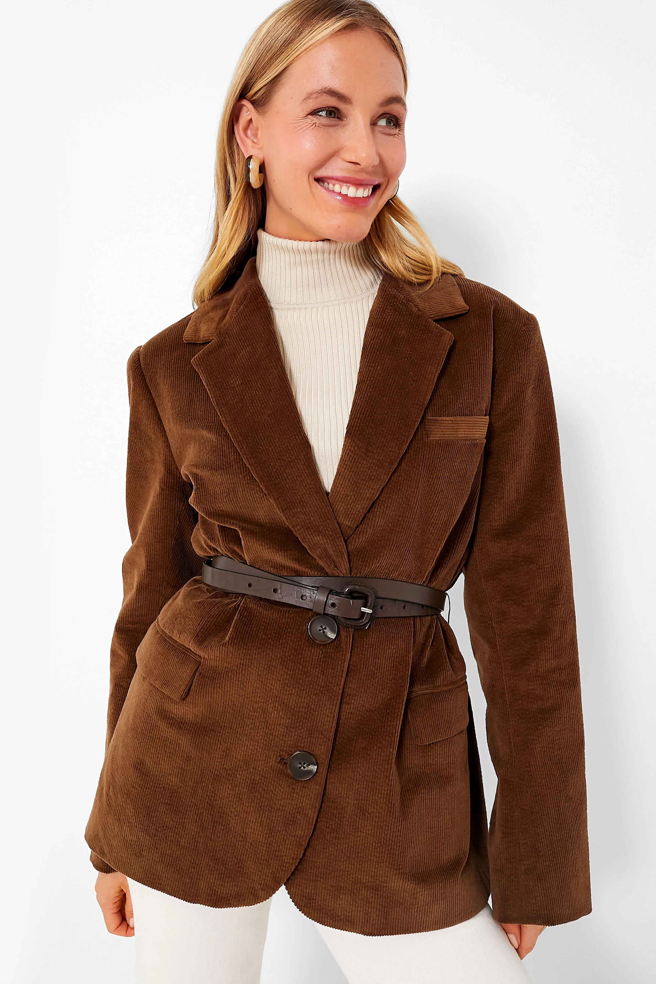 Brown Cooper Corduroy Long Sleeve Blazer with Leather Belt | Tuckernuck (US)