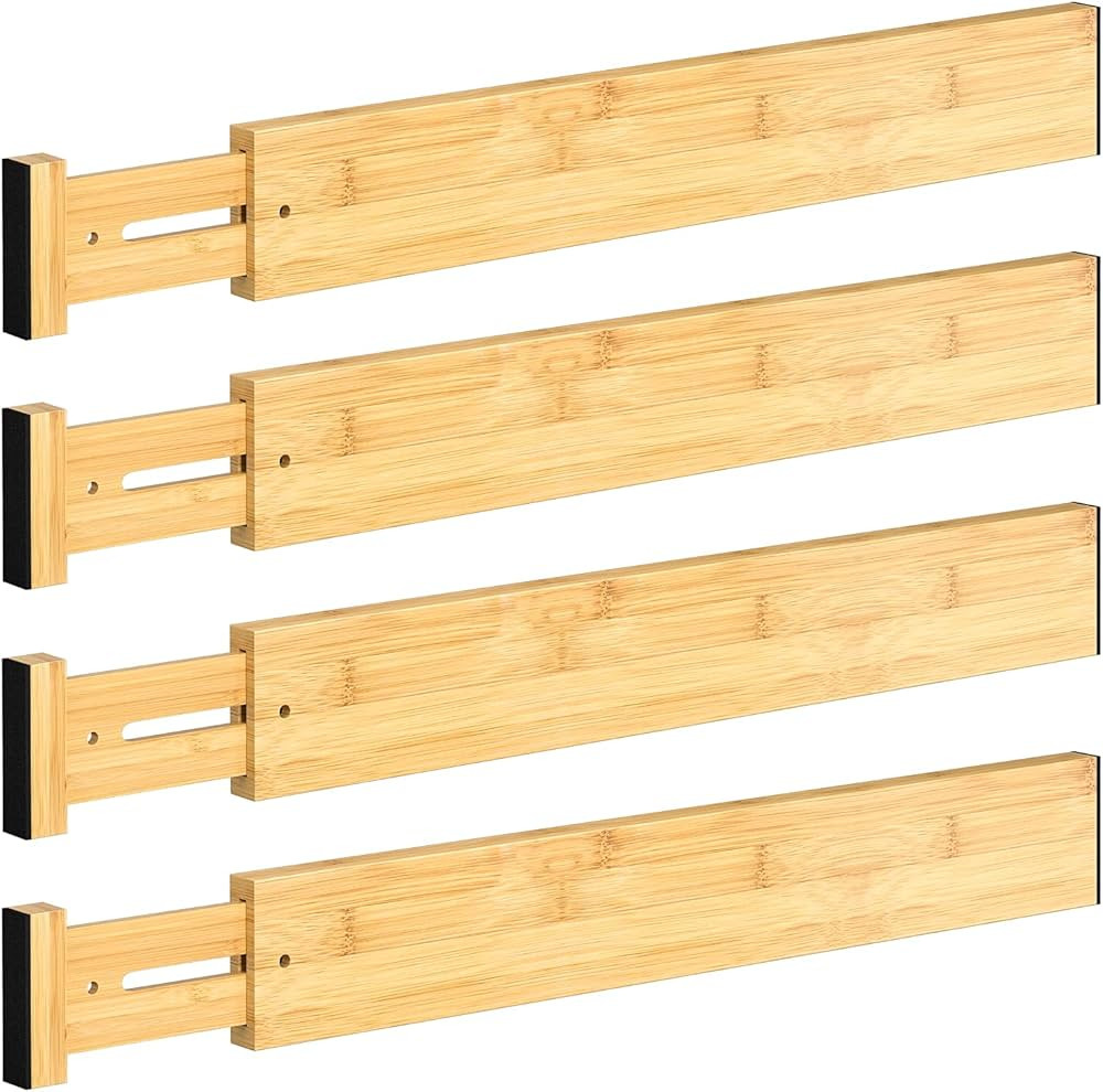 Drawer Divider, 4 PCS Bamboo Drawer Dividers Organizers, Adjustable Drawer Dividers for Clothes, ... | Amazon (US)