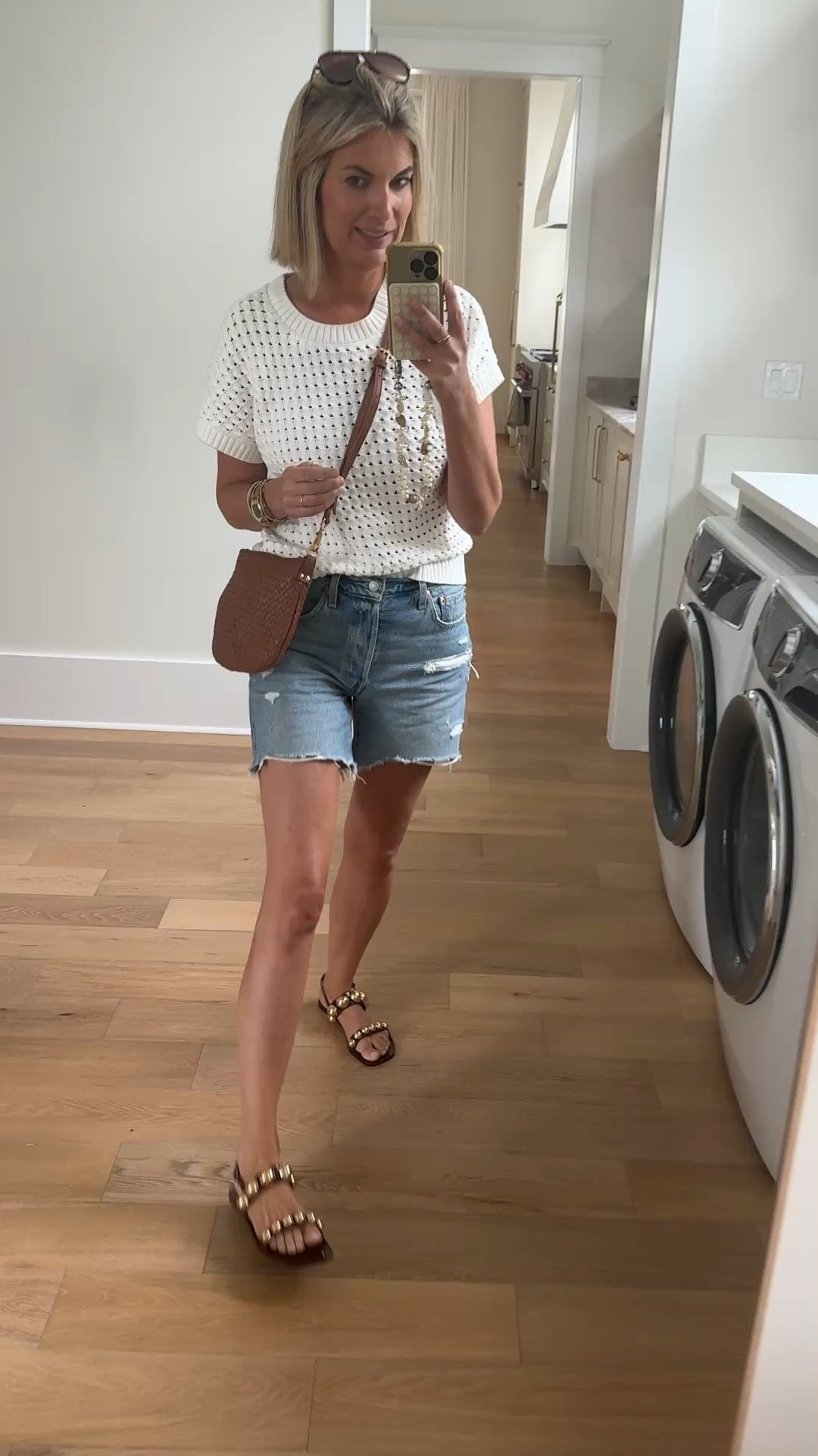 I sized up one in denim shorts compared to jeans for a more relaxed fit. I am in size 28 and small top. Found similar mid thigh shorts from this brand at a lower price!  A bit less distressing.

#LTKOver40 #LTKTall #LTKootd