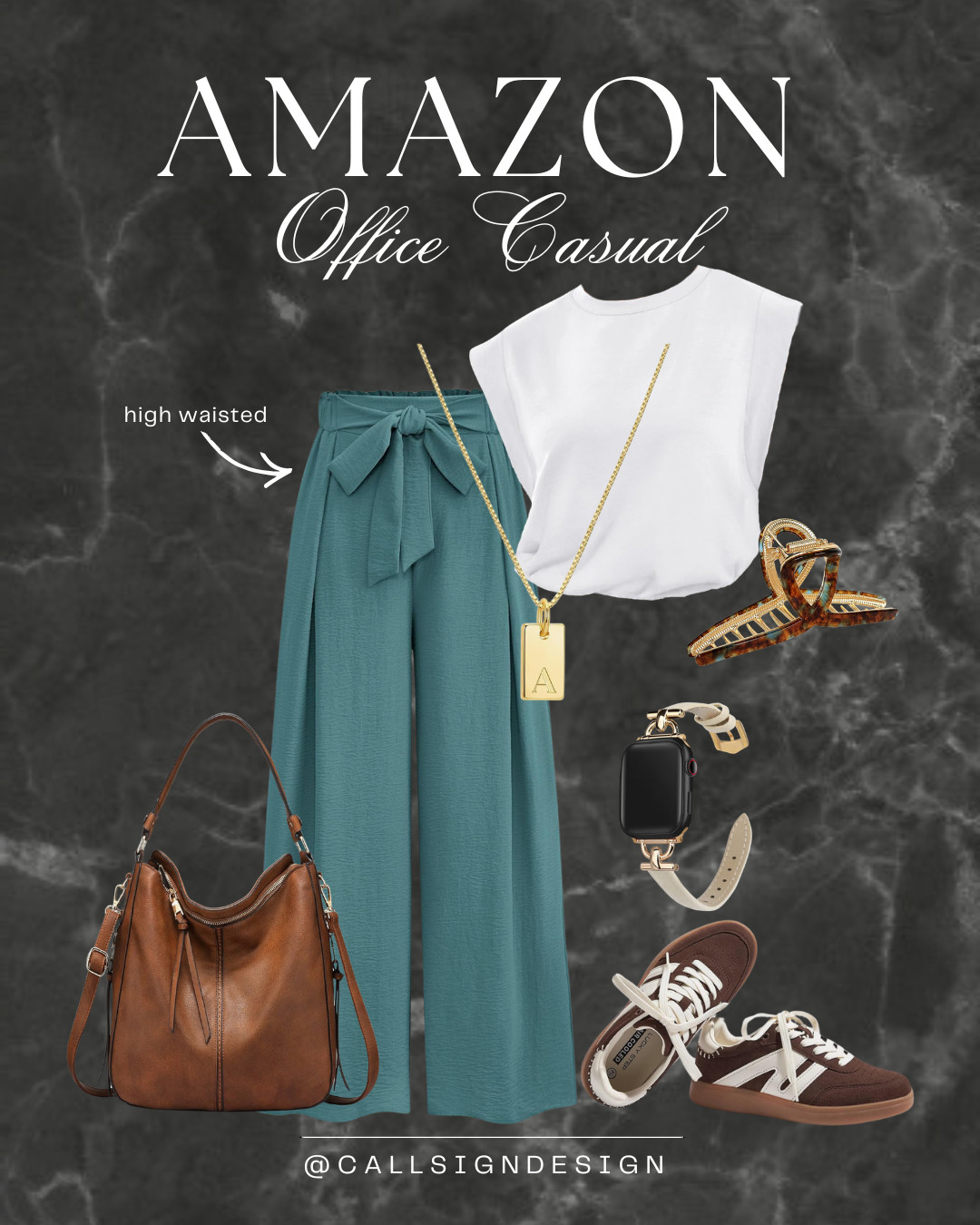 Office days made easy ✨

Flowy high waist palazzo pants, a basic tee, and sneakers for all-day comfort.
Finished with a chic claw clip and customized initial necklace for a subtle personal touch. Throw all your things in a faux leather tote, and you're ready for the workday! 

 #LTKgrwm #LTKootd #LTKWorkwear