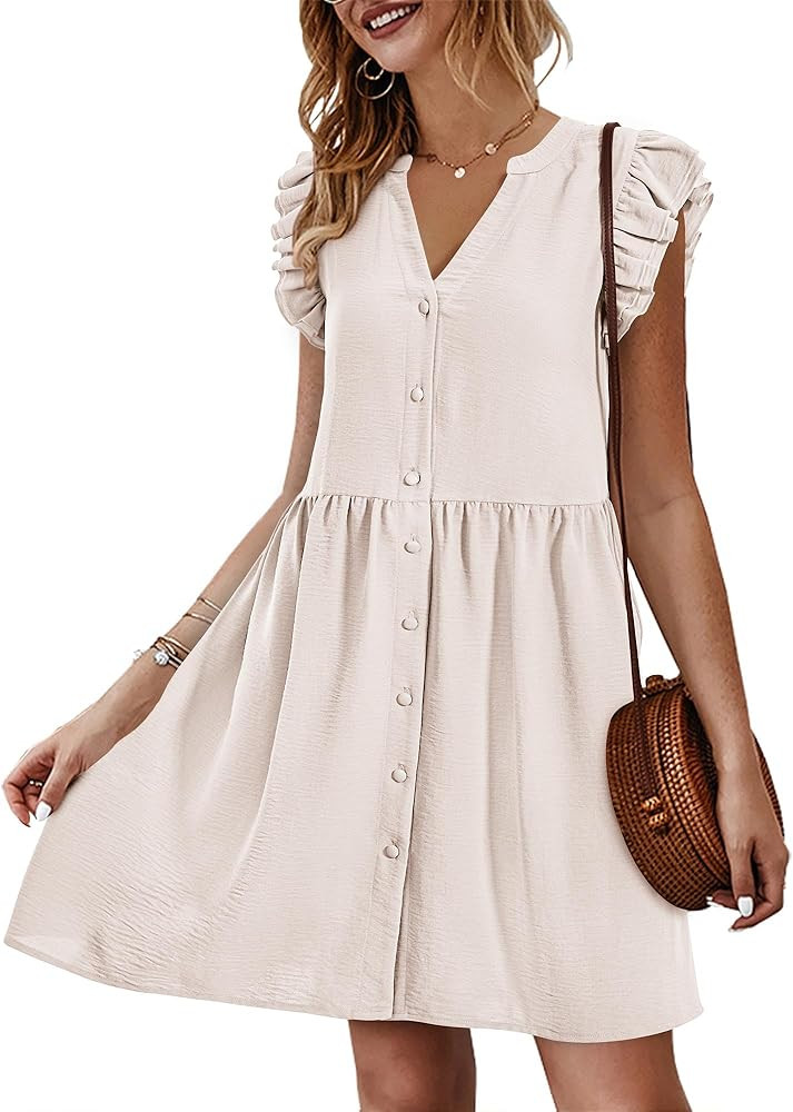 KIRUNDO Women's 2024 Summer Mini Dress Casual Ruffle Sleeveless Button Down V Neck Loose Shift Tu... | Amazon (US)