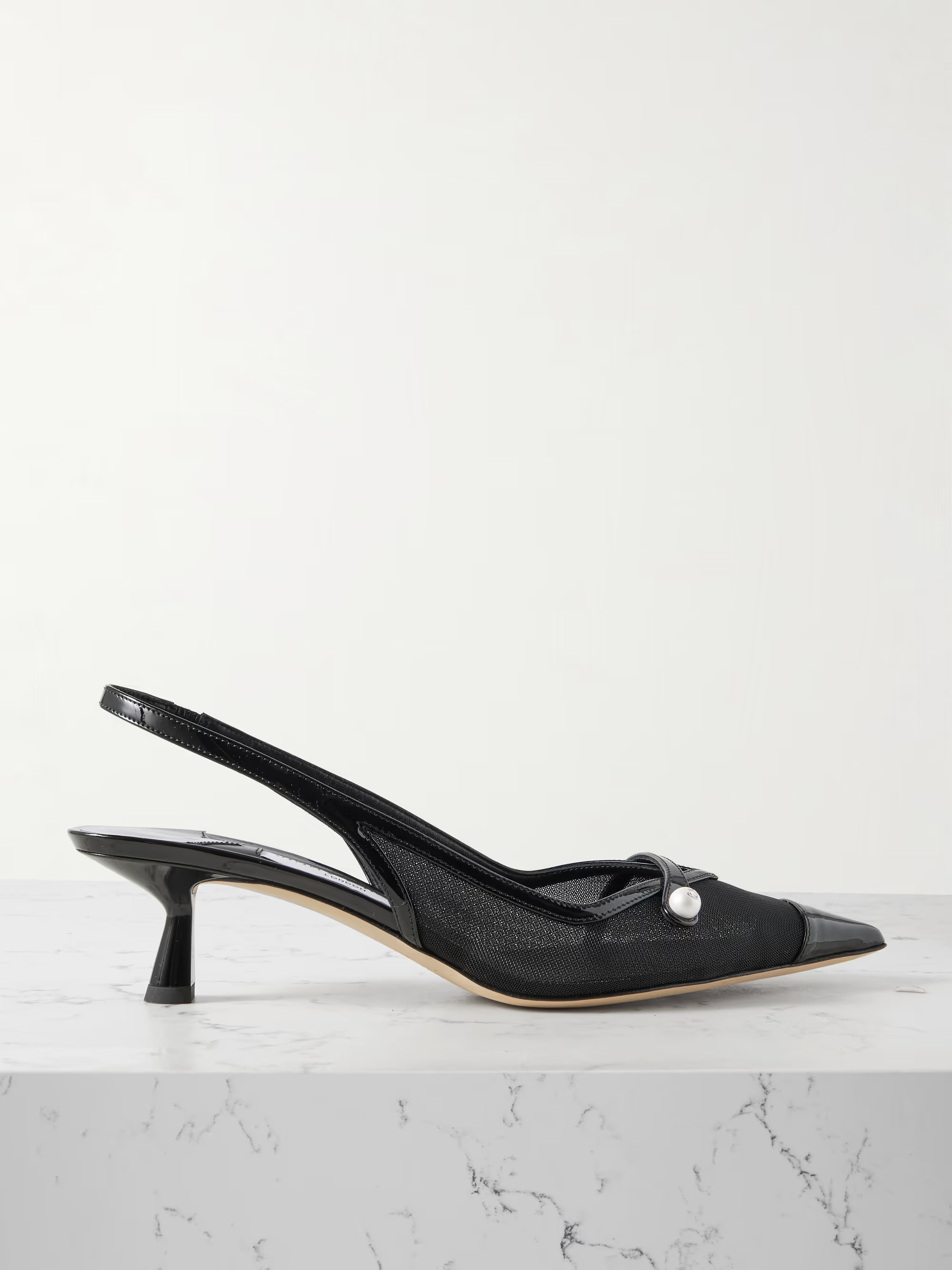 Amita 45 faux pearl-embellished leather-trimmed mesh slingback pumps | NET-A-PORTER (US)
