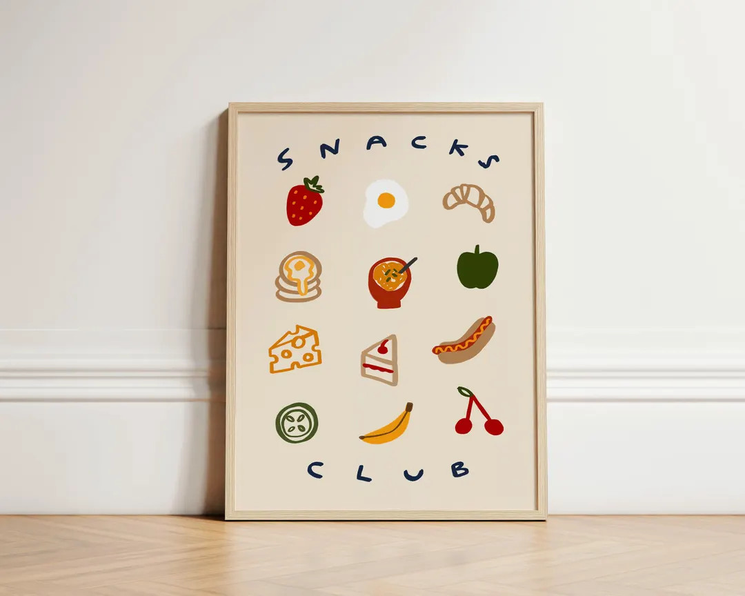 Snacks Club Print, Nursery Print, Kitchen Art, Illustration Wall Art, Nursery Wall Art, Foodie Wa... | Etsy (US)