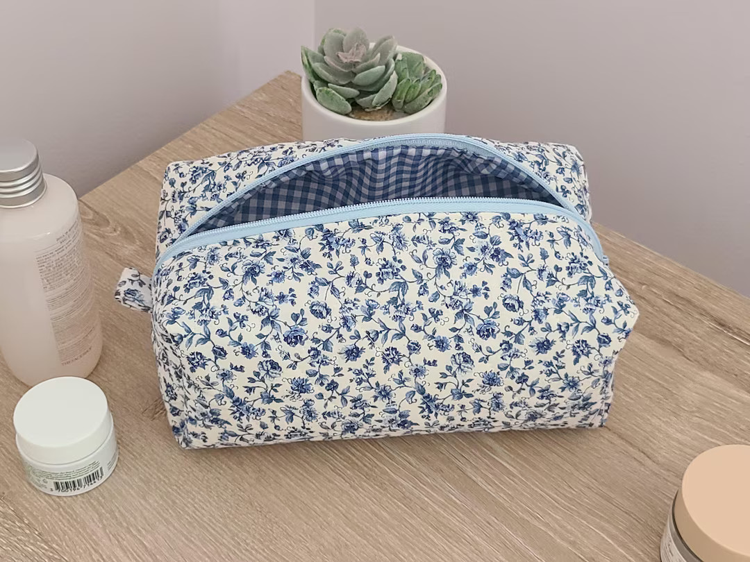 Floral Makeup Bag, Quilted Makeup Bag, Cute Makeup Bag, Boxy Make up Bag, Blue Floral Makeup Bag,... | Etsy (US)