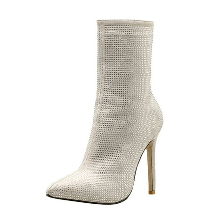 jsaierl Women s Nightclub Boot Shoes Shinny Rhinestone Mid Calf Boots Pointy Toe Stiletto Ankle Boot | Walmart (US)