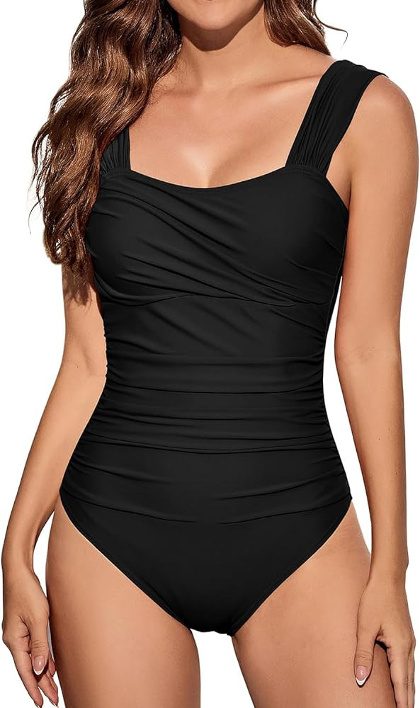 One Piece Bathing Suit for Women Tummy Control Swimsuits Square Neck Ruched Modest Swimwear | Amazon (US)