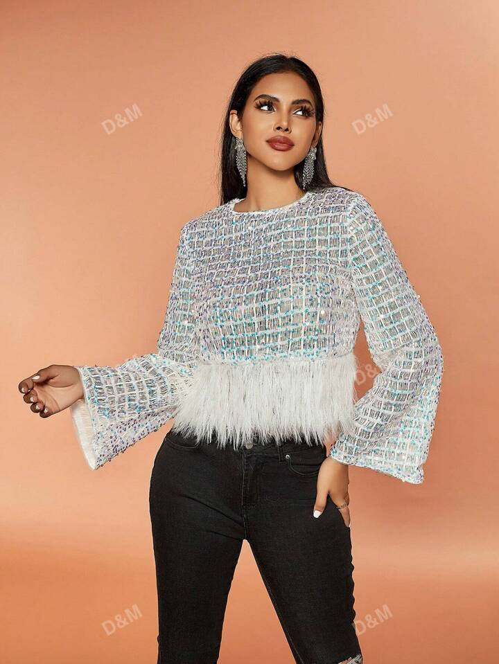 D&M Fuzzy Hem Sequin Tee | SHEIN USA | SHEIN