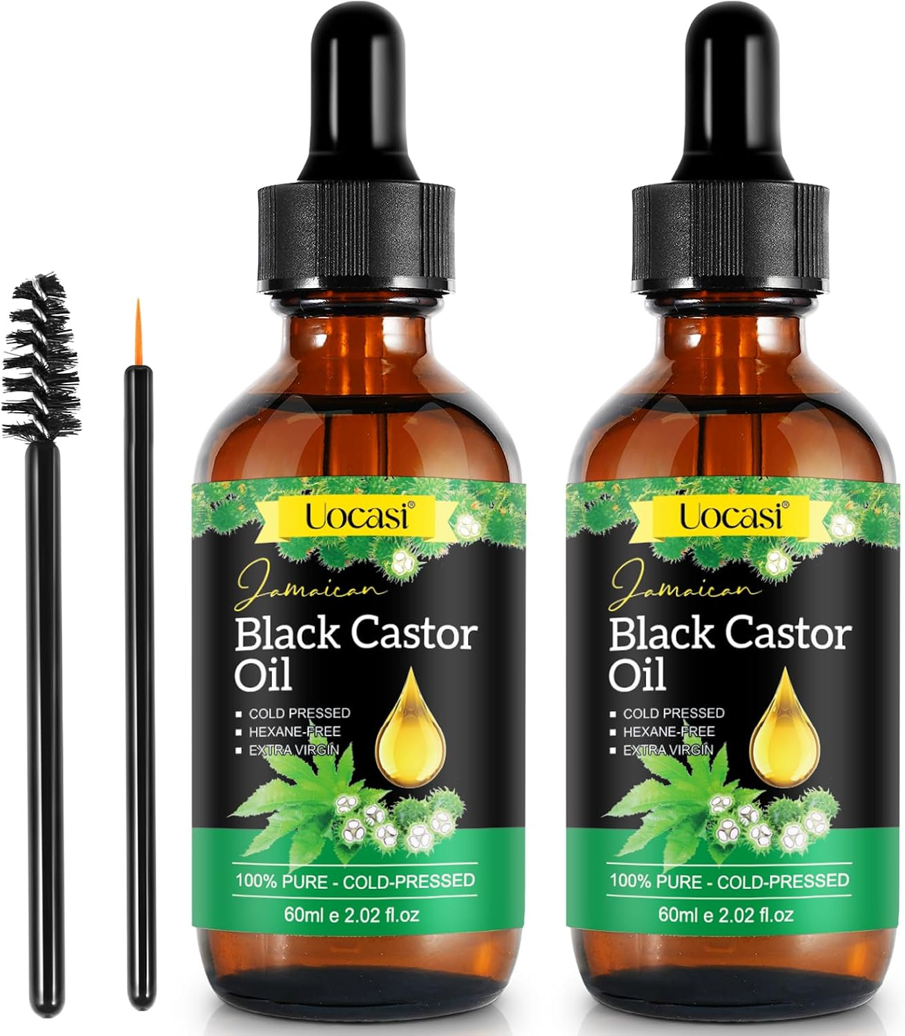 Uocasi Jamaican Black Castor Oil - 2Pack, 100% Pure and Organic, Cold Pressed in Glass Bottles for Hair Growth, Eyebrow Nourishment, and Skin Hydration, 4.04 Oz | Amazon (US)