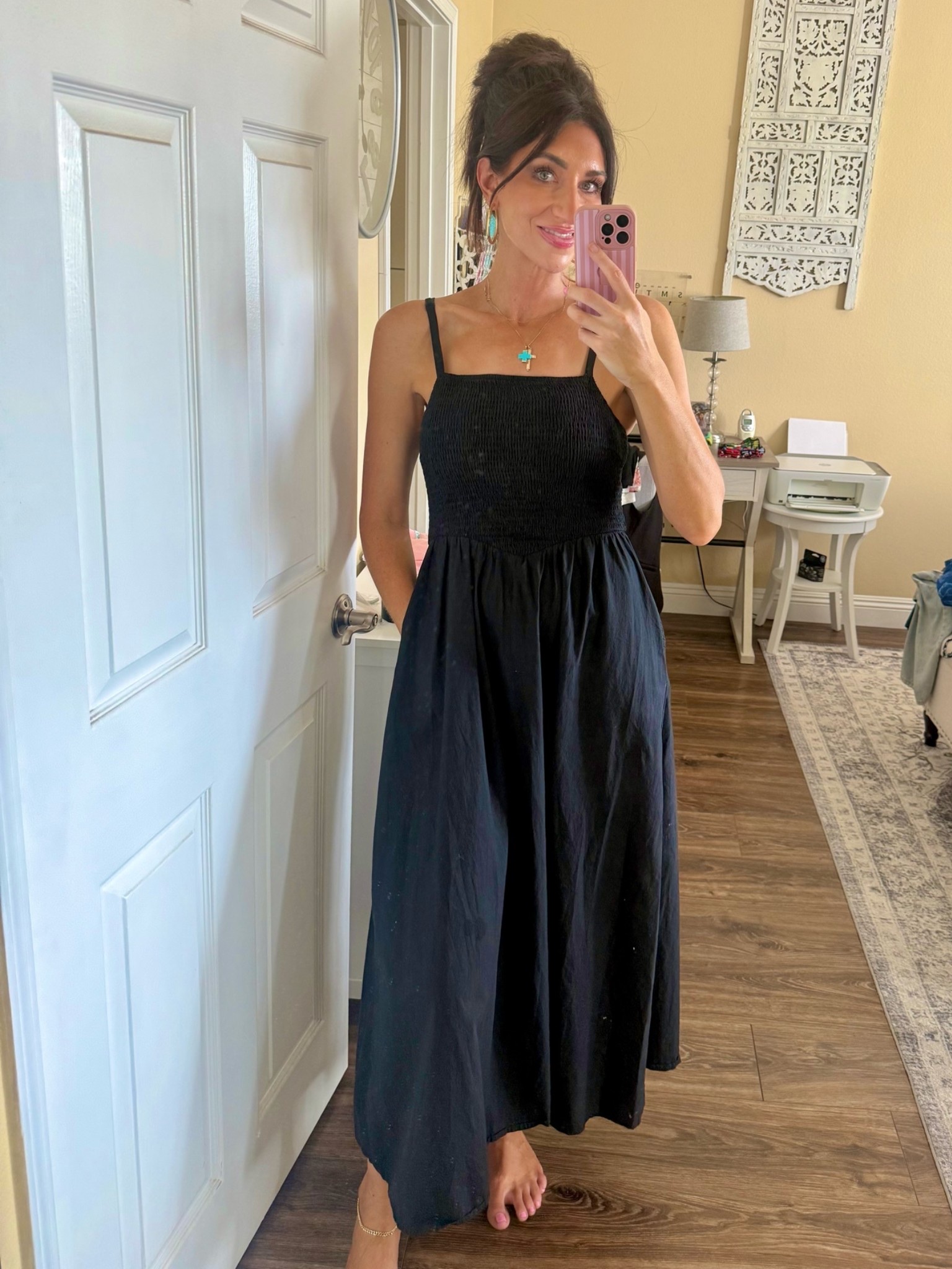 Wearing a Medium in this dress. Adjustable straps and smocking on the top. Pockets too!

#LTKSeasonal #LTKootd #LTKWorkwear