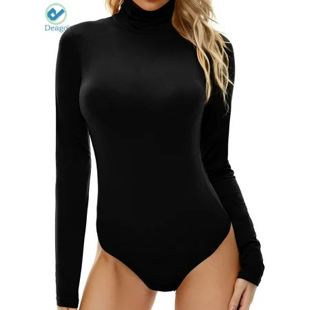 Deago Women s Mock Turtle Neck Long Sleeve Tops Shapewear Bodysuit Jumpsuit (Black L) | Walmart (US)