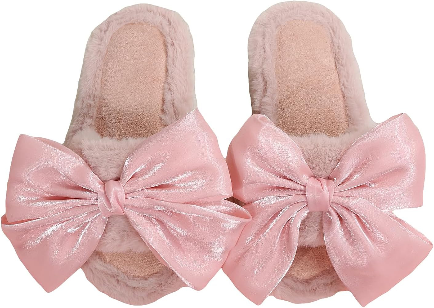 OYOANGLE Women's Cute Bow Decor Solid Slippers Fashion Home Slippers Open Toe Furry Bedroom Slipp... | Amazon (US)