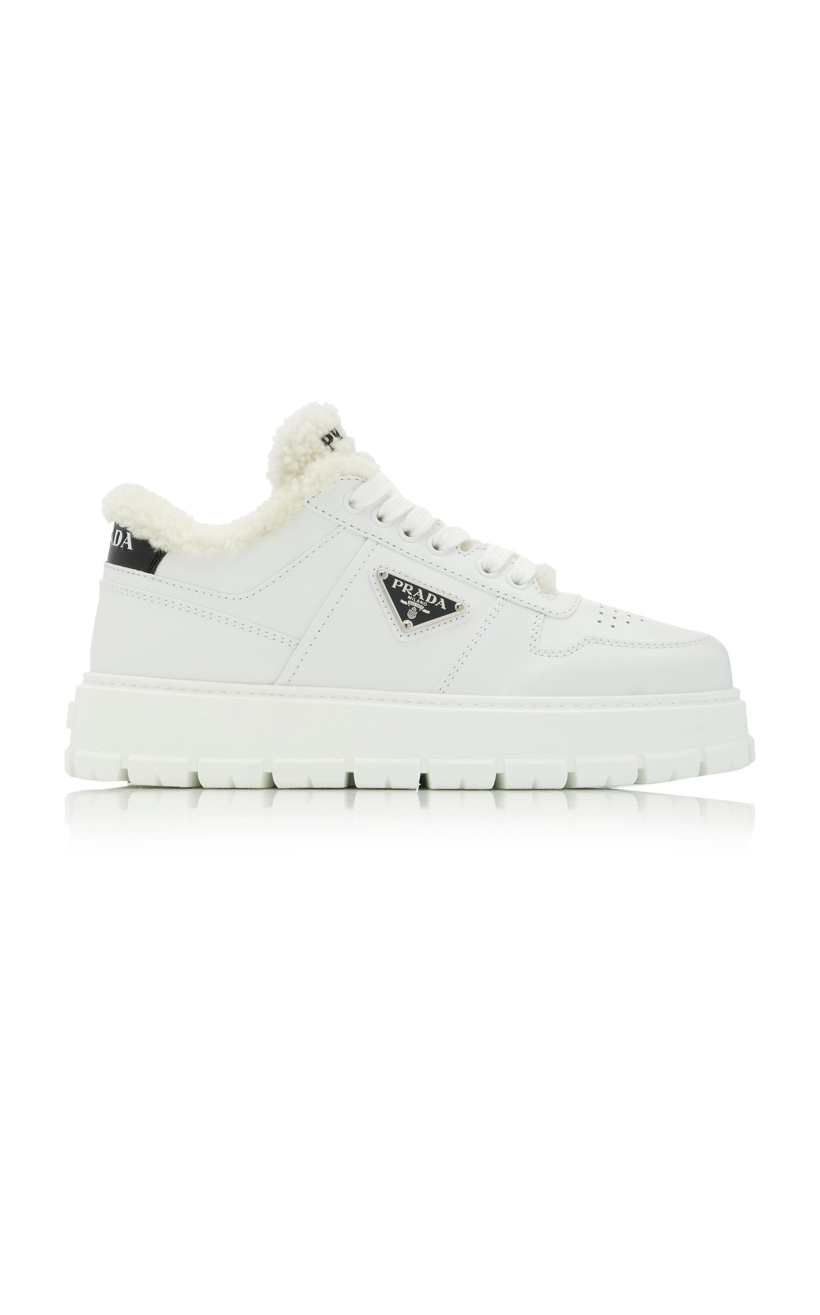 Prada - Women's Shearling-Lined Leather Sneakers - White - IT 39.5 - Moda Operandi | Moda Operandi (Global)