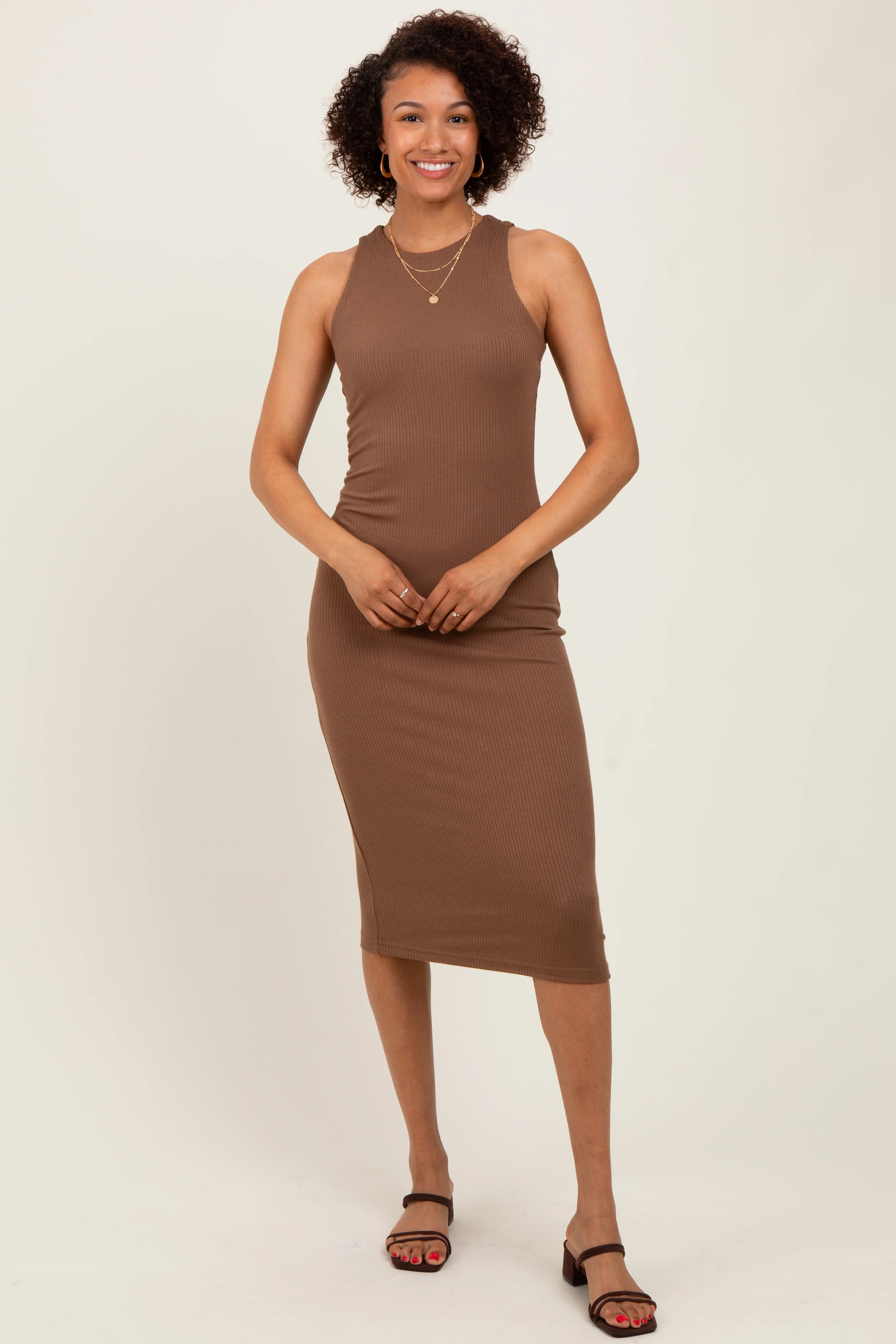 Brown Sleeveless Ribbed Knit Midi Dress | PinkBlush Maternity