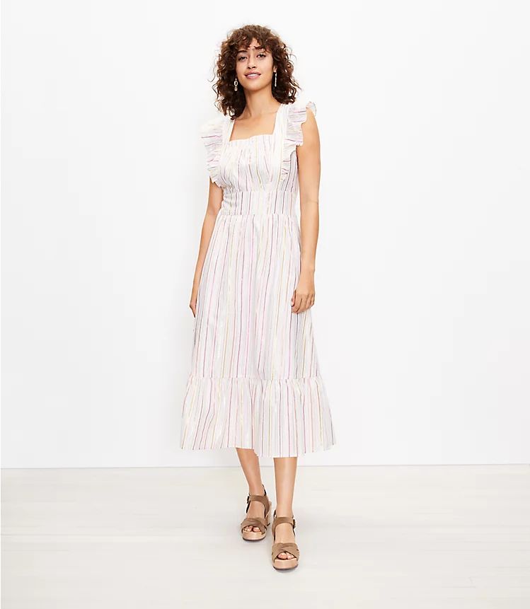 Shimmer Stripe Ruffle Cutout Back Midi Dress | LOFT | LOFT